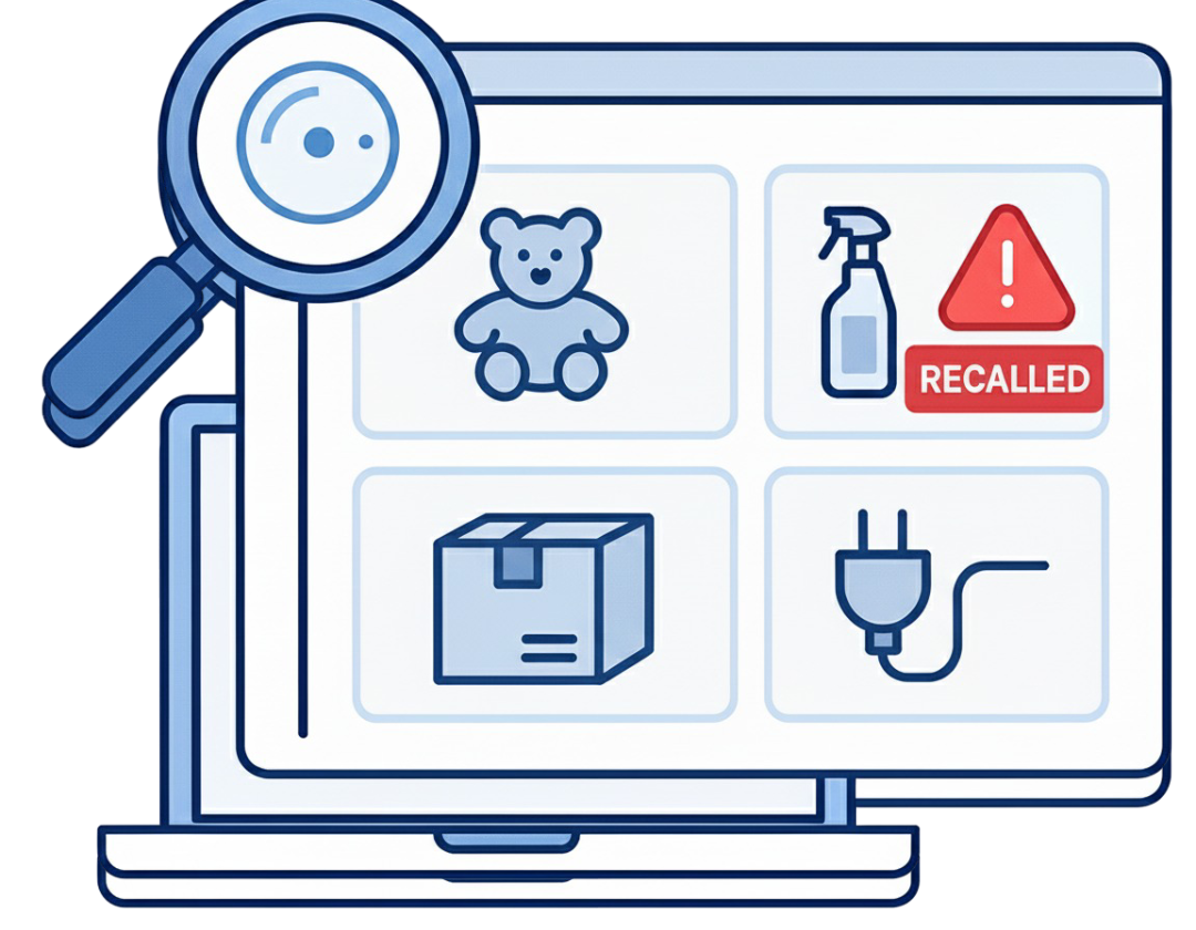 AI-powered product safety scanning interface showing computer screen with safety icons including recalled products, cleaning supplies, toys, and electrical items